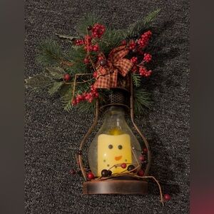 Festive Snowman Lantern with Red Berries light up candle